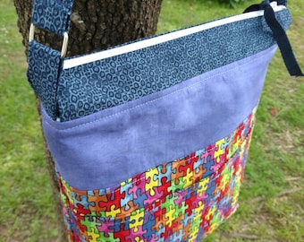 Puzzle Print Handbag-Autism Awareness Shoulder Bag-Teacher Special Needs Crossbody Purse-Spectrum Tote-Purple-Blue-Primary Multicolored