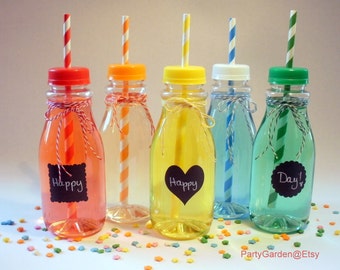 10 Vintage Clear Plastic Milk Bottles and Lids with Straw Holes - Medium 12 oz