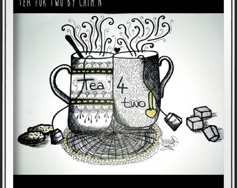 TEA Addict - Illustration - pens, inks and gold felt