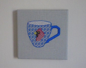 Cardinal Teacup Wall Art. Hand Embroidery.