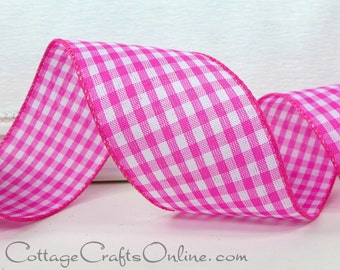 Wired Ribbon, 2 1/2", Pink White Gingham Check Plaid - FIVE YARDS - Offray, #704187 Summer, Spring, Easter, Bright Pink Wire Edged Ribbon