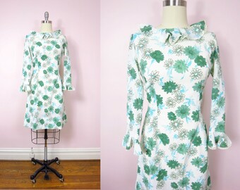 Vintage Floral Dress | 1960s Daisy Print Ruffled Dress L | 60s Mod Hippie Boho Floral Print Dress