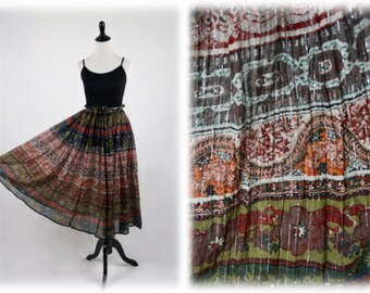 1970s Sheer Cotton Lurex Thread India Cotton Boho Skirt by Jane Ashley Large