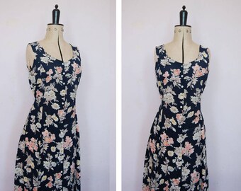 Vintage 1990s grunge floral dress - 90s floral dress - 90s rayon dress - 90s tea dress - 90s button down dress - 90s grunge dress - 1990s