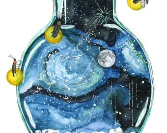 Galaxy Painting, Watercolor Painting, Night Sky, Bottle, Galaxy, Stars, Moon, Firefly, Watercolor Print, Print titled,"Bottling the Stars"