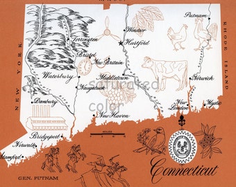 Connecticut Map - ORIGINAL Vintage 1960s Picture Map - Fun Retro Colors - Torrington Windsor Hartford New Britain Norwich Putman Souvenir
