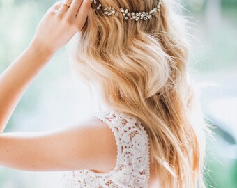 Boho Bridal Back Headpiece, Bohemian Headpiece, Wedding Headpiece, Pearl Headband, Wedding Tiara, Wedding Hair Vine, Bridal Headband- LINDA