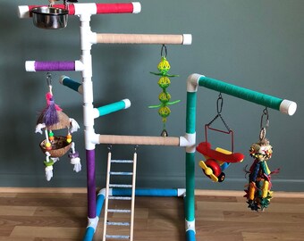Bird Playstand/Playgym with Removable Stainless Steel Bowl(s) and Stainless Steel Hooks