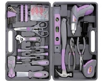 1 Brand New Tool Set & Case Tools Kit plus cordless screwdriver Tape Measure hobby craft tools Ladies Women