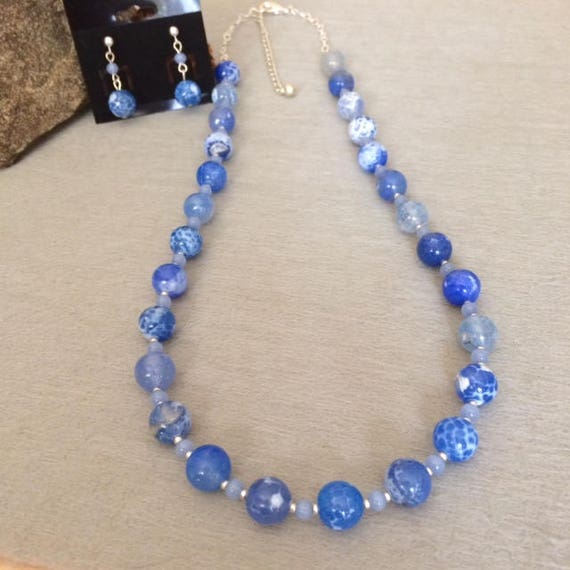 Blue Agate Necklace Set Agate Jewelry Set Blue Gemstone