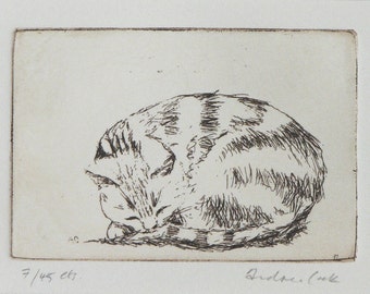 original etching of sleeping cat - Zzzz