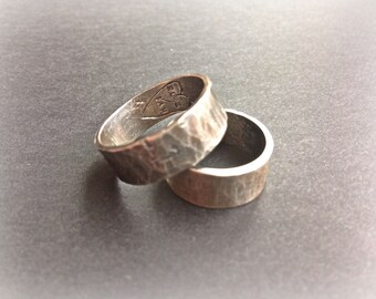 Personalized Wedding Bands, Custom Hand Engraved Heart with Names and Arrow, Promise Rings, Rustic Wide Ring Bands, Secret Message Rings