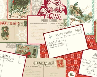 Riley Blake Christmas Fabric, Postcards For Santa, C4750 Red Main, My Mind's Eye, Victorian Postcard Fabric, Christmas Cotton Fabric