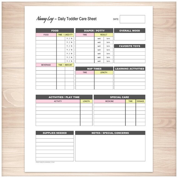 Printable Nanny Log Daily TODDLER Care Sheet Babysitter
