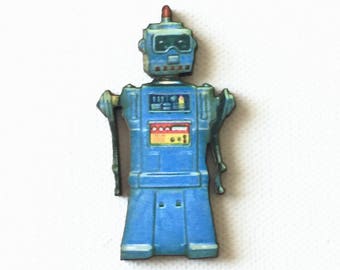 Retro Robot Pin, Robot Tie Tack, Retro Robot Brooch, Retro Robot Badge, Blue Robot Pin, Atomic Age, Toy Robot