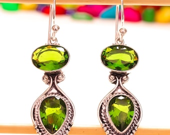 Green Peridot Gemstone Handmade Jewelry Earrings 2.2"