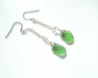 Seaham Sea Glass hook earrings of tiny bright green drops suspended from Sterling Silver hooks - E1795 - from Seaham, UK