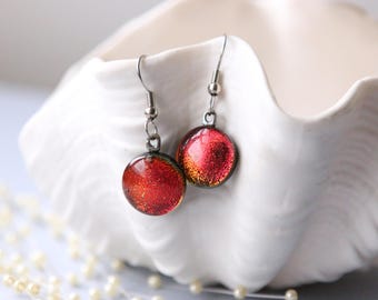 Earrings Round Red Drop Dangle Dichroic Glass, Jewelry, Getglassy 00141