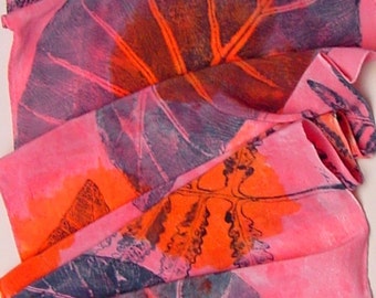 silk scarf large Bold Tropical unique hand painted orange pink philodendron fern wearable art women luxury crepe
