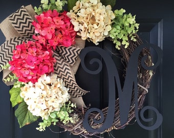 Pink and Cream Hydrangea Wreath - Monogram Wreath - Wreath - Spring Wreath - Summer Wreath - Gifts - Housewarming Gift - Front Door Wreath