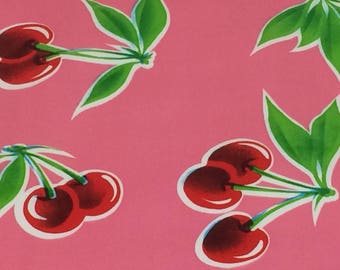 Mexican Oilcloth Fabric--Pink & Red Cherries--Tablecloth Fabric--Apron Fabric--Tote Bag Fabric--Waterproof Fabric--Oilcloth by the HALF YARD