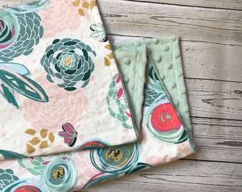 Watercolor Baby Blanket, Floral Baby Blanket, Watercolor Floral Baby Blanket, Pink Green Baby Blanket, Baby Girl Blanket, Stroller Blanket,