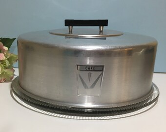 Aluminum Cake Carrier ~ Cake Dome with Glass Plate ~ Dome Lettered with CAKE ~ Retro Kitchen ~ Detailed Glass Cake Plate