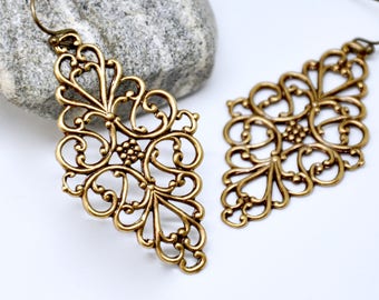 Diamond Shape Filigree Earrings, Long Bohemian Earrings, Antique Brass, Art Deco Earrings, Elegant Earrings, Art Deco Jewelry, Boho Jewelry