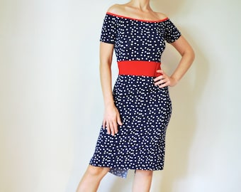 Blue tango milonga swing dress with white polka dot and red off shoulder