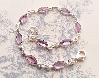 Purple Amethyst and 925 Sterling Silver Handmade Gemstone Bracelet Delicate Ladies Women's Gift for Her February Birthstone