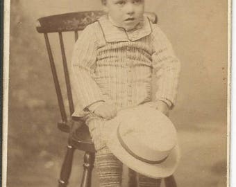 Antique Cabinet Photograph of Little Boy Sitting in a Chair with a Hat 1890's