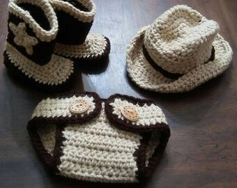 Handmade Crochet Newborn Cowboy Hat Boot & Diaper Cover Western Photography Prop Set