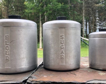 Set of 3 Vintage Aluminum Canisters - Tin Canister Set - Flour, Sugar, Tea Canisters, Vintage Kitchen Storage