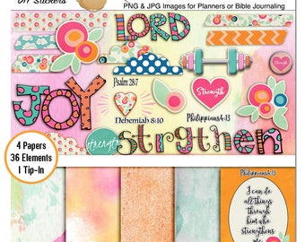 Digital Strength Bible Journaling Kit PNG images for work on Digital or Hybrid Pages in Bible margins or Planners