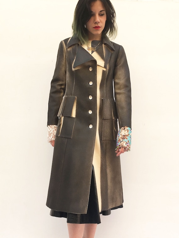 Light Wool LOLA DARLING Unique Coat Trench Artistic Hand Painted Artwork Women Clothing Printed Linen Hand Made in Italy from Vintage