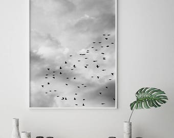 Birds print, flying birds print, Sky Print, Digital Wall Art, Affiche Scandinave, Flock of birds, Flying Birds Print, Cloud print, Fly