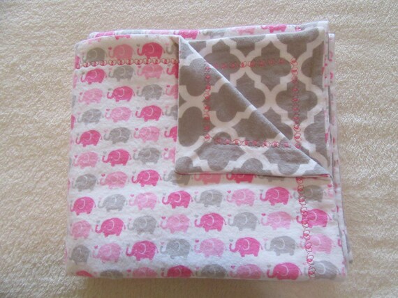 Pink and Gray Elephants Flannel Receiving Blanket