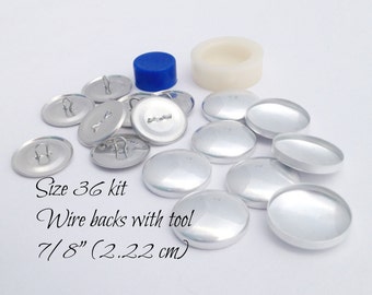 Size 36 Cover Button Starter Kit, WIRE backs- Size 36 (7/8 Inch, 2.22 cm) QTY 8, LOOP Back Aluminum Buttons to Cover Plus Hand Press Tool