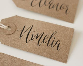 Modern Calligraphy Name Tags Set of 5x Rustic Kraft Brown Tags Personalised Wedding Names Hand Lettered Tags Black Ink