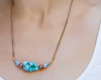 Boho short necklace with turquoise gemstone. Turquoise necklace. Chain necklace.Summer necklace.