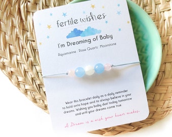 Fertility Bracelet, I’m Dreaming of Baby Wish Bracelet - Light Blue Cord, Rose Quartz, Moonstone, Aquamarine