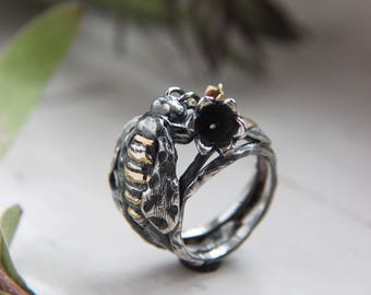 Bee ring, lily of the valley ring, silver and gold ring, bee flower ring, insect ring, unique ring, sterling silver ring, flower ring