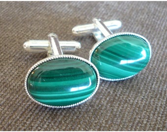 Green Malachite Cufflinks.Gemstone Silver Plated Gift for him Mens Oval Cuff Links Dad Husband Boyfriend.Birthday Wedding Groom Menswear