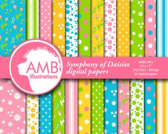 DAISY paper, daisy floral Digital Papers, polka dots, stripes,dots, florals, floral pattern, scrapbook paper, commercial use, AMB-2403