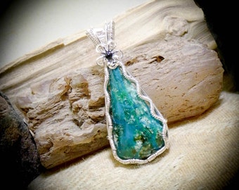 Wire Wrapped Turquoise Chrysocolla Gemstone Necklace Pendant