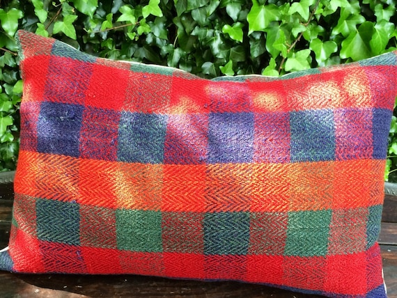 red and orange pillow -vintage hand woven natural wool pillow , farmhouse decor, check pillow , lumbar pillow , jajim pillow