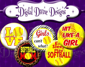 Softball SOS05 - 1 inch round digital graphics - Instant Download