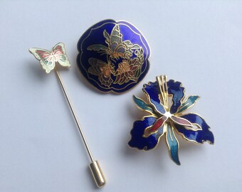 Enamel Butterfly Brooch, Enamel Butterfly Brooch Pin, Enamel Orchid Brooch, Three Enamel Brooches/Pin