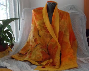 Orange shawl wrap, Wet felted scarf, Merino wool scarf, Orange poncho, Nuno felted scarf, Womens wool capes Merino wool shawl Felted poncho