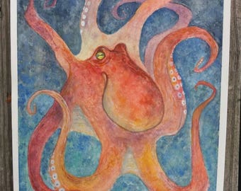 Octopus Original Watercolor Painting 9 x 12 animal artwork